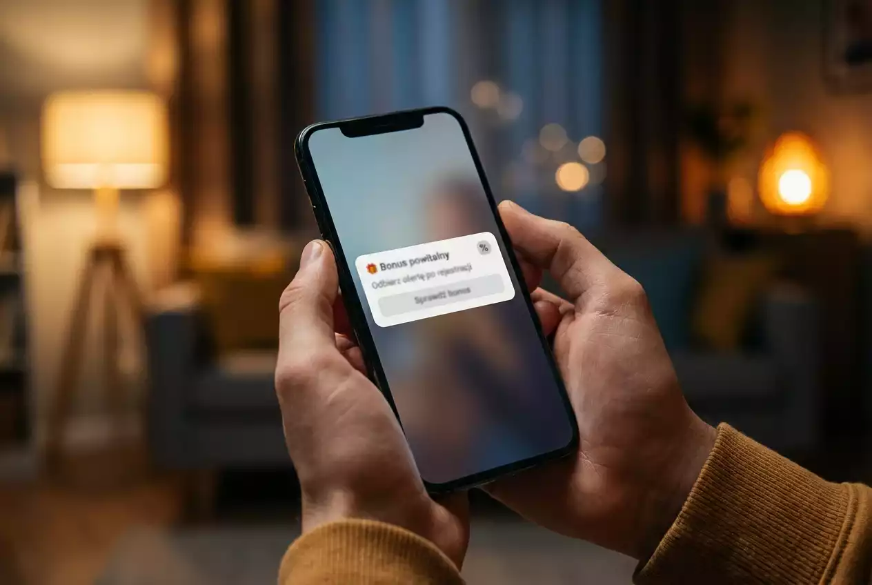 Dłonie trzymające smartfon z ekranem pokazującym powiadomienie o promocji