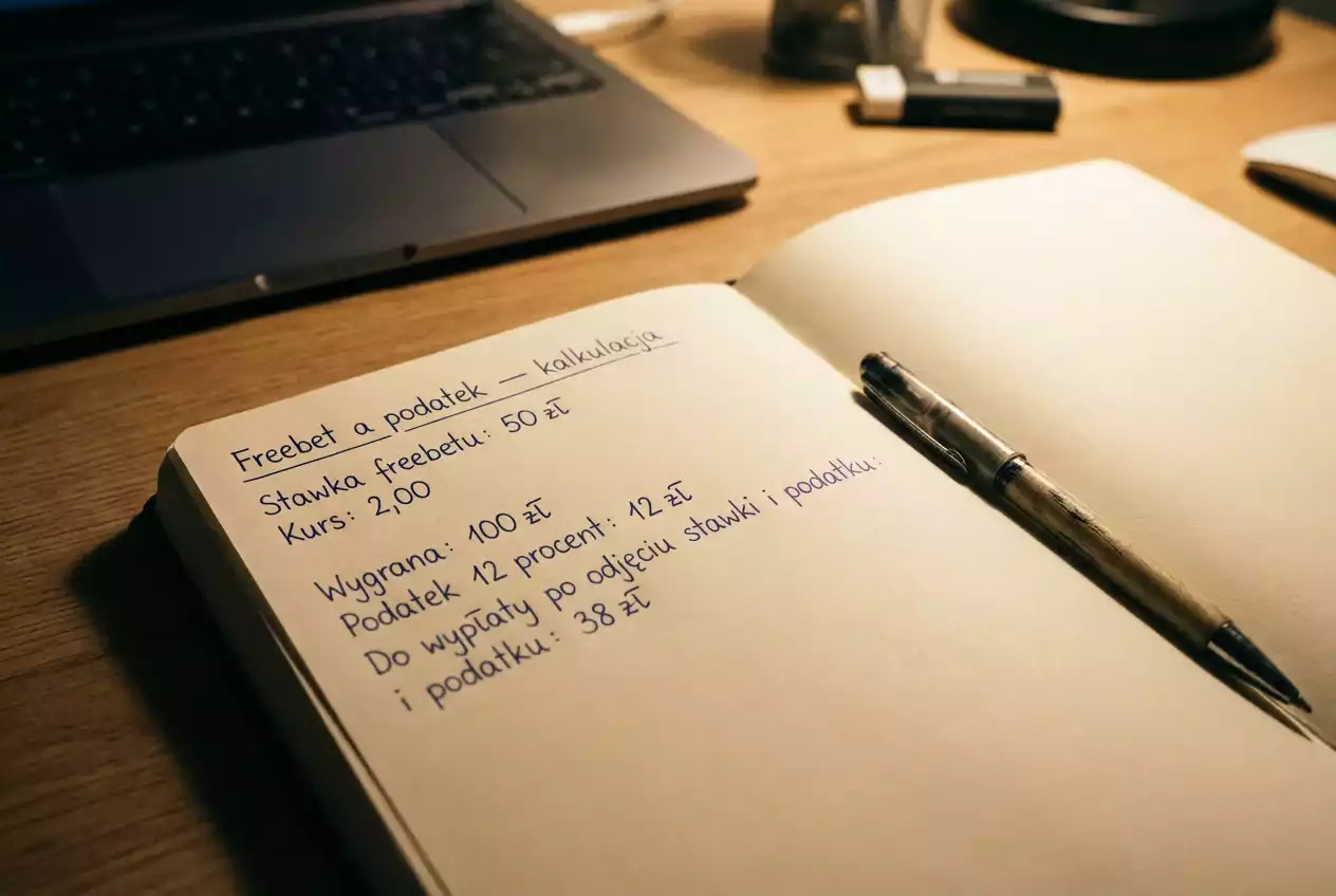 Notatnik z obliczeniami wartości freebetu i podatku