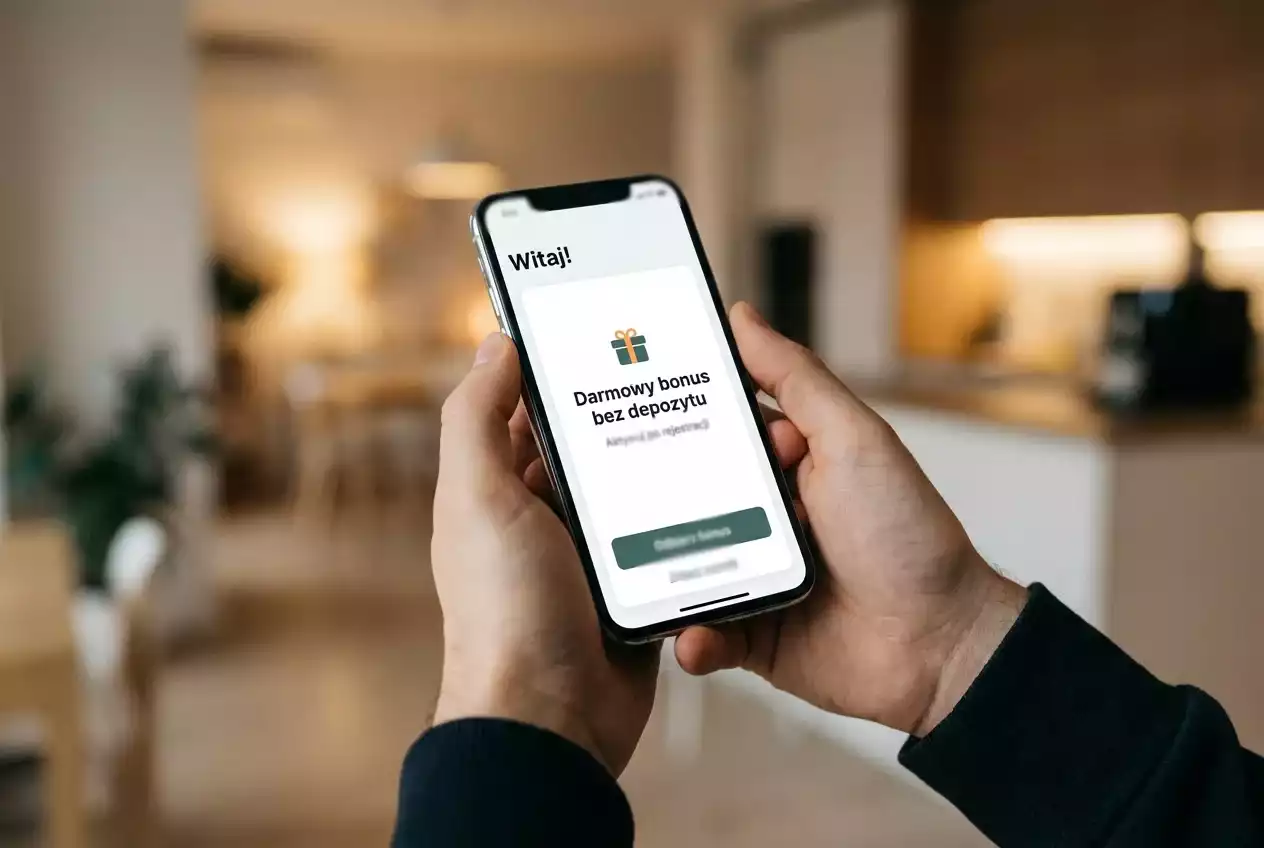 Smartfon z aplikacją bukmacherską pokazującą darmowy bonus powitalny