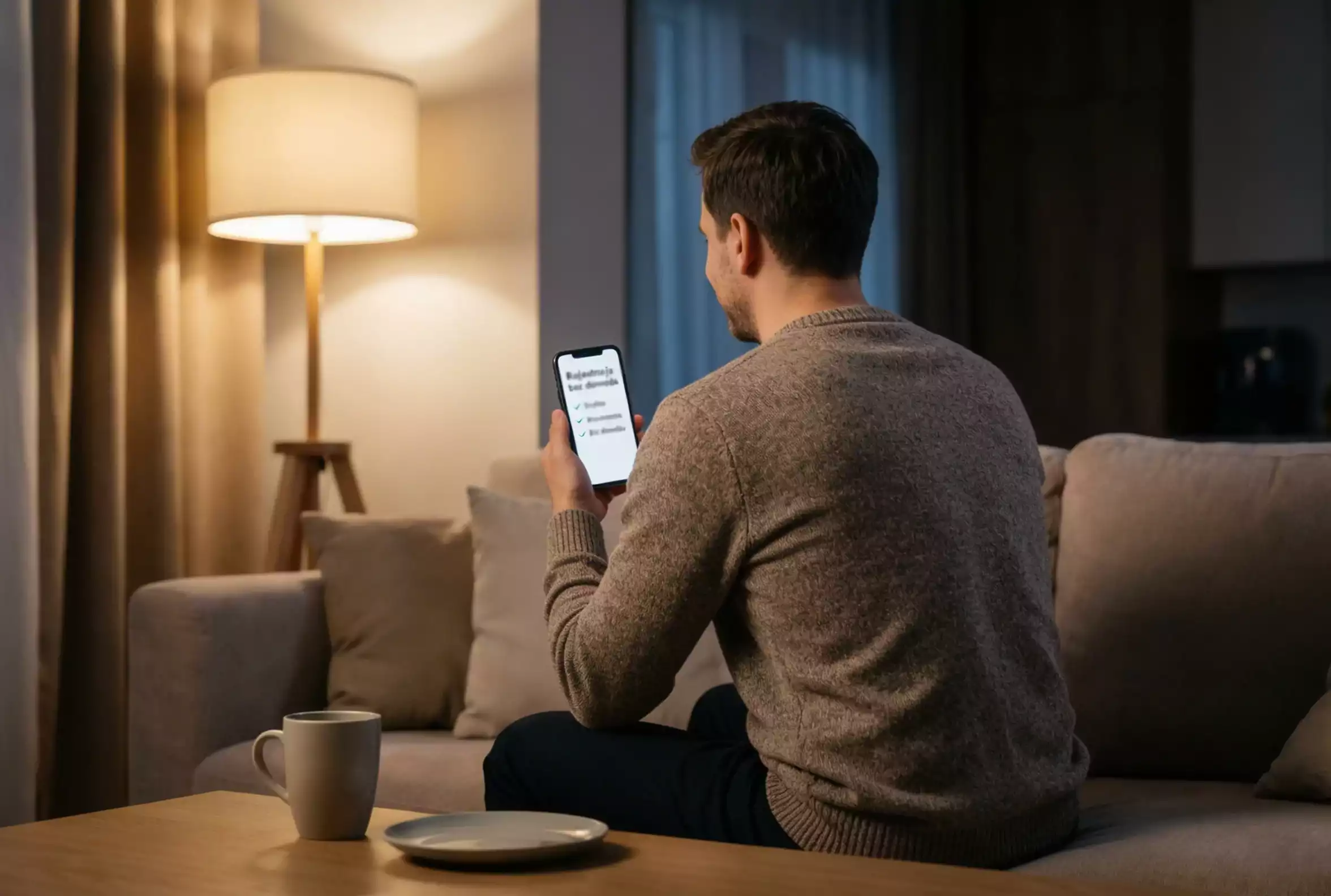 Mężczyzna rejestrujący konto bukmacherskie na smartfonie wieczorem