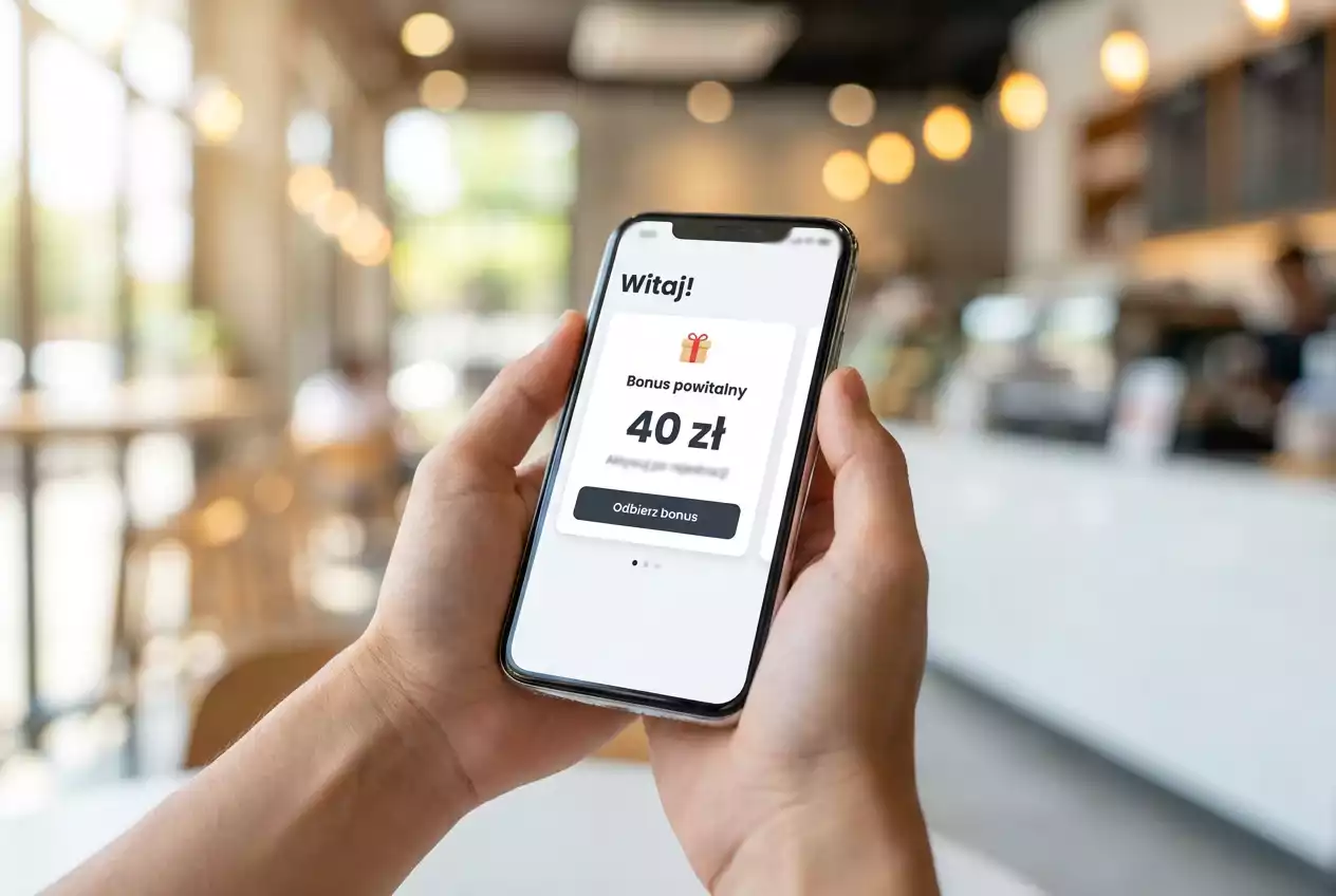Smartfon z aplikacją Fortuna pokazującą bonus powitalny 40 złotych