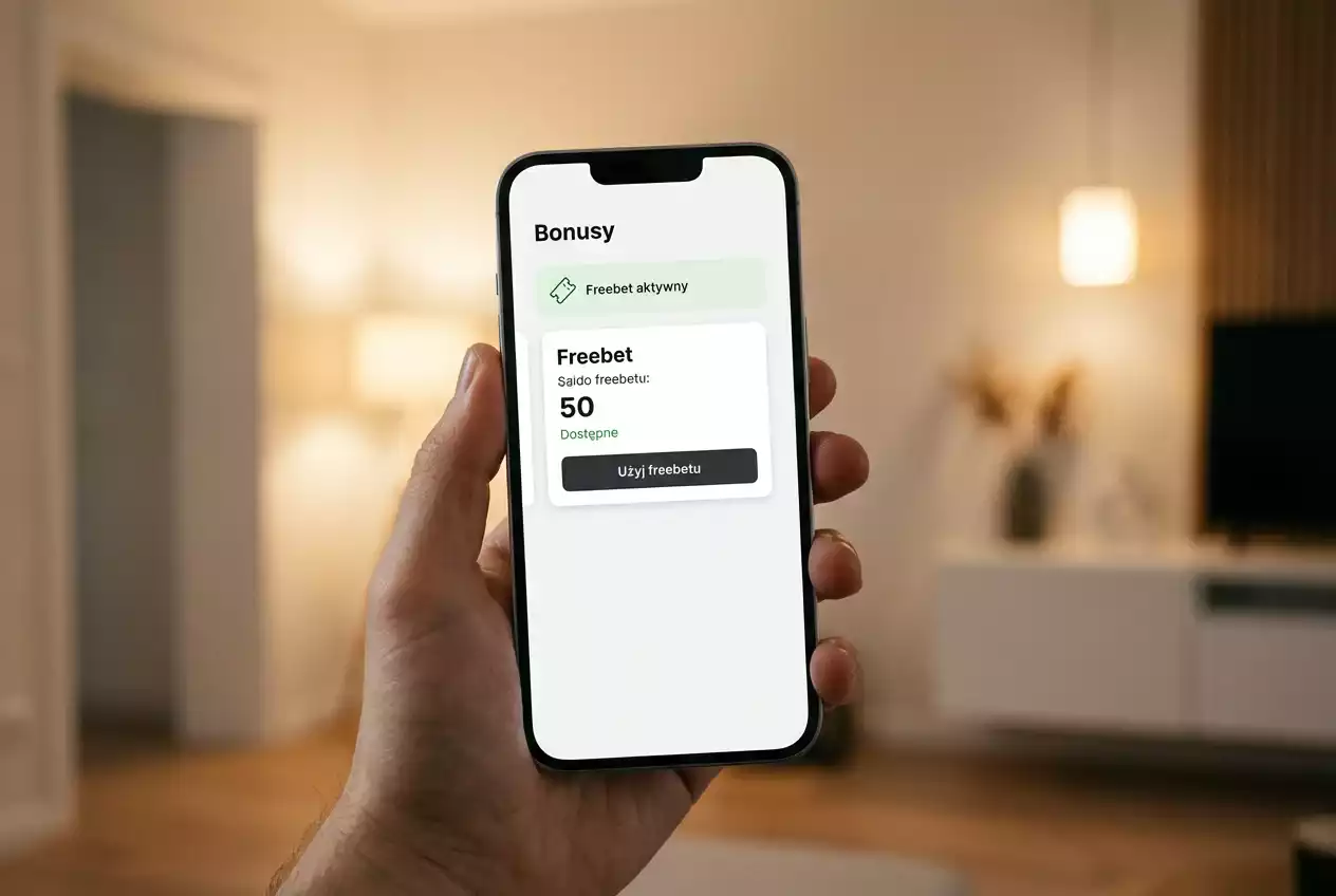 Smartfon z aplikacją bukmacherską pokazującą dostępny freebet