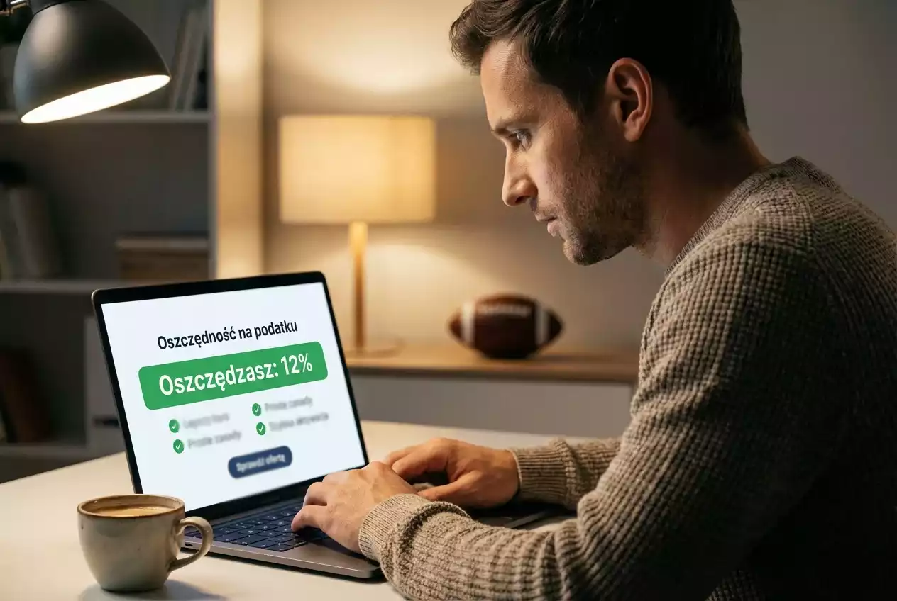 Mężczyzna analizujący zakłady bukmacherskie na laptopie z widocznym zyskiem