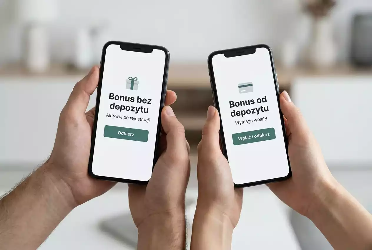 Dwie dłonie trzymające smartfony z różnymi ofertami bonusowymi bukmacherów