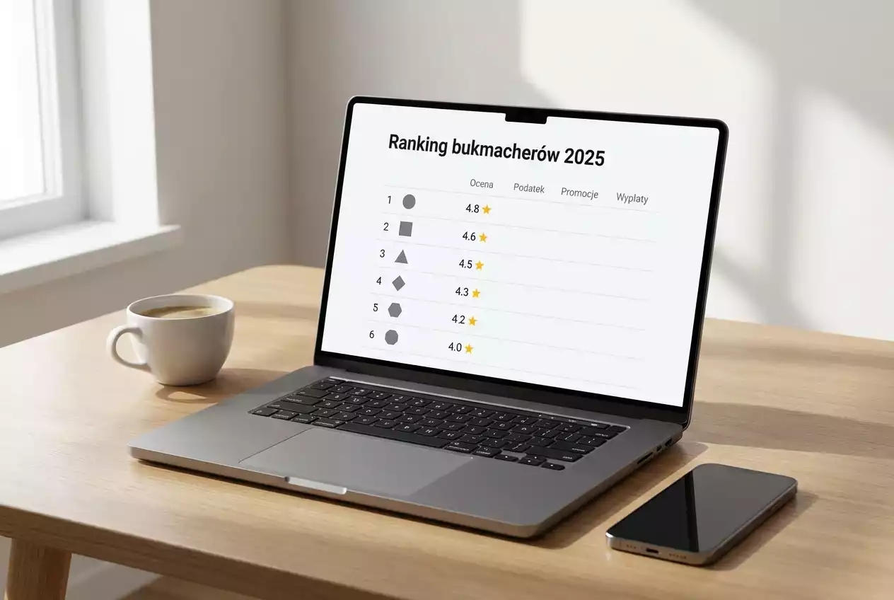 Laptop z otwartą stroną porównującą oferty bukmacherów na biurku