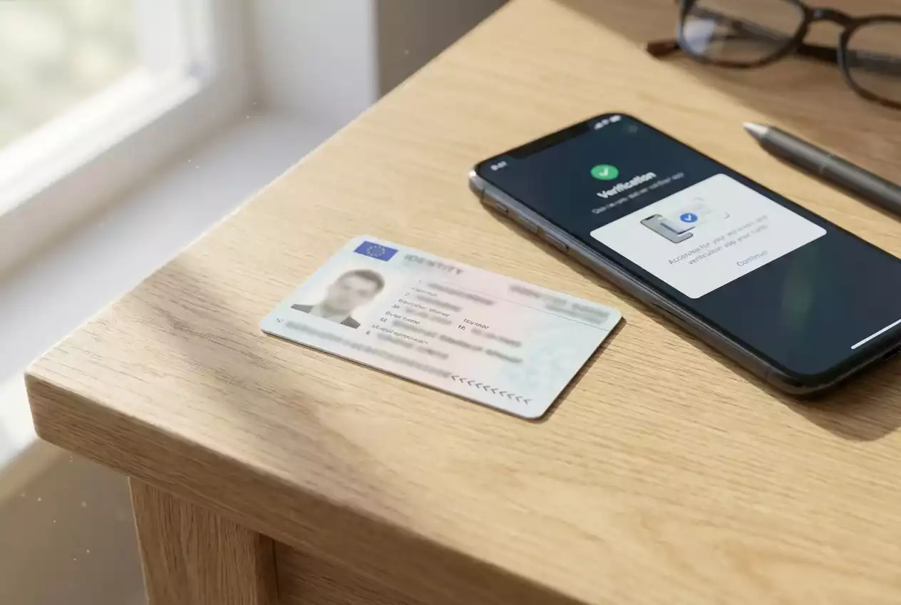 Dowód osobisty leżący na biurku obok smartfona