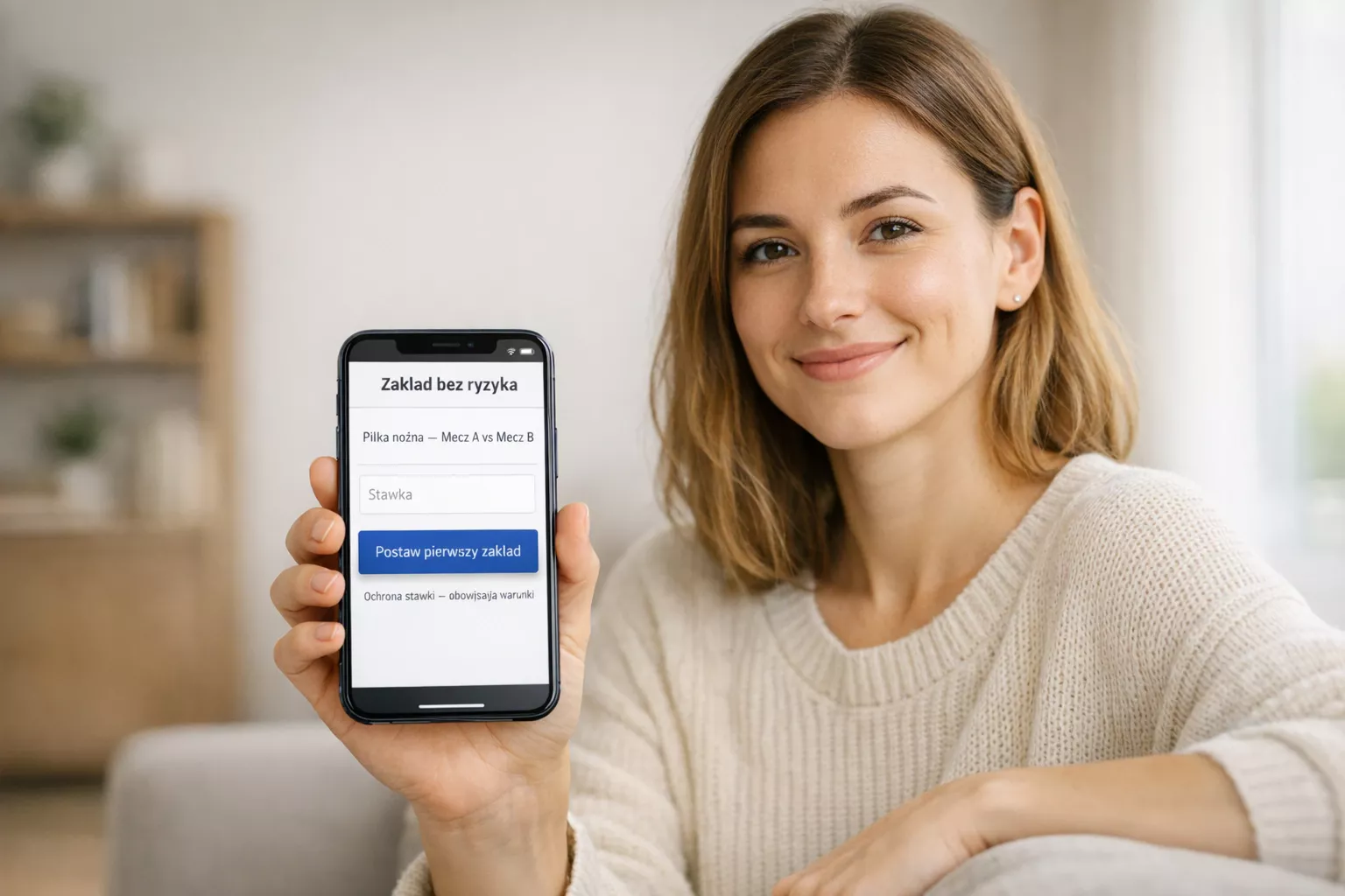 Osoba stawiająca pierwszy zakład bukmacherski na smartfonie z pewnym uśmiechem