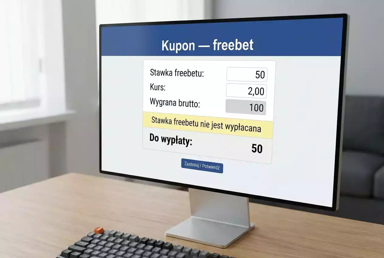 Ekran komputera z kuponem bukmacherskim pokazującym wykorzystanie freebetu