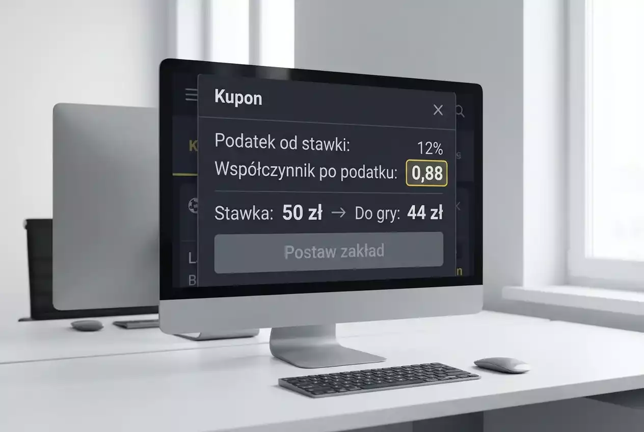 Ekran komputera z widocznym kuponem bukmacherskim i wsp&oacute;łczynnikiem 0,88