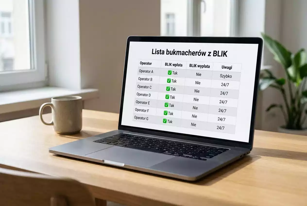 Laptop z zestawieniem bukmacherów akceptujących płatności BLIK