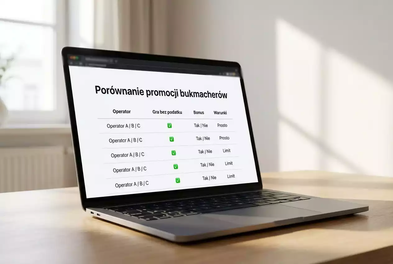 Ekran laptopa z por&oacute;wnaniem ofert r&oacute;żnych bukmacher&oacute;w