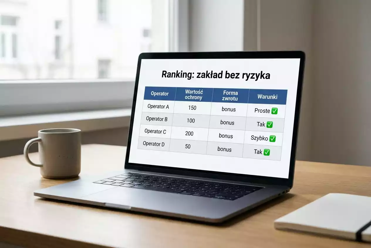 Laptop z otwartą stroną por&oacute;wnującą oferty zakład&oacute;w bez ryzyka