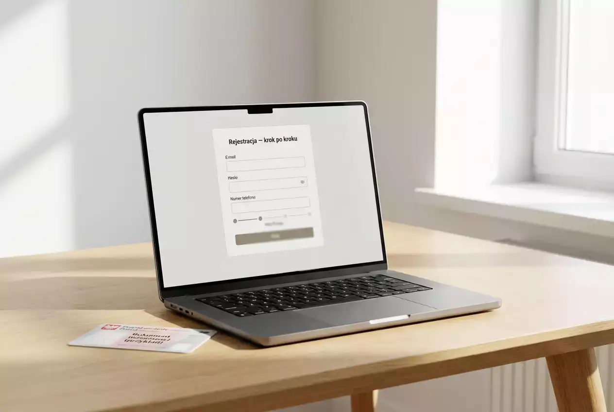 Laptop z otwartą stroną rejestracji Fortuna i dokumentem tożsamości obok