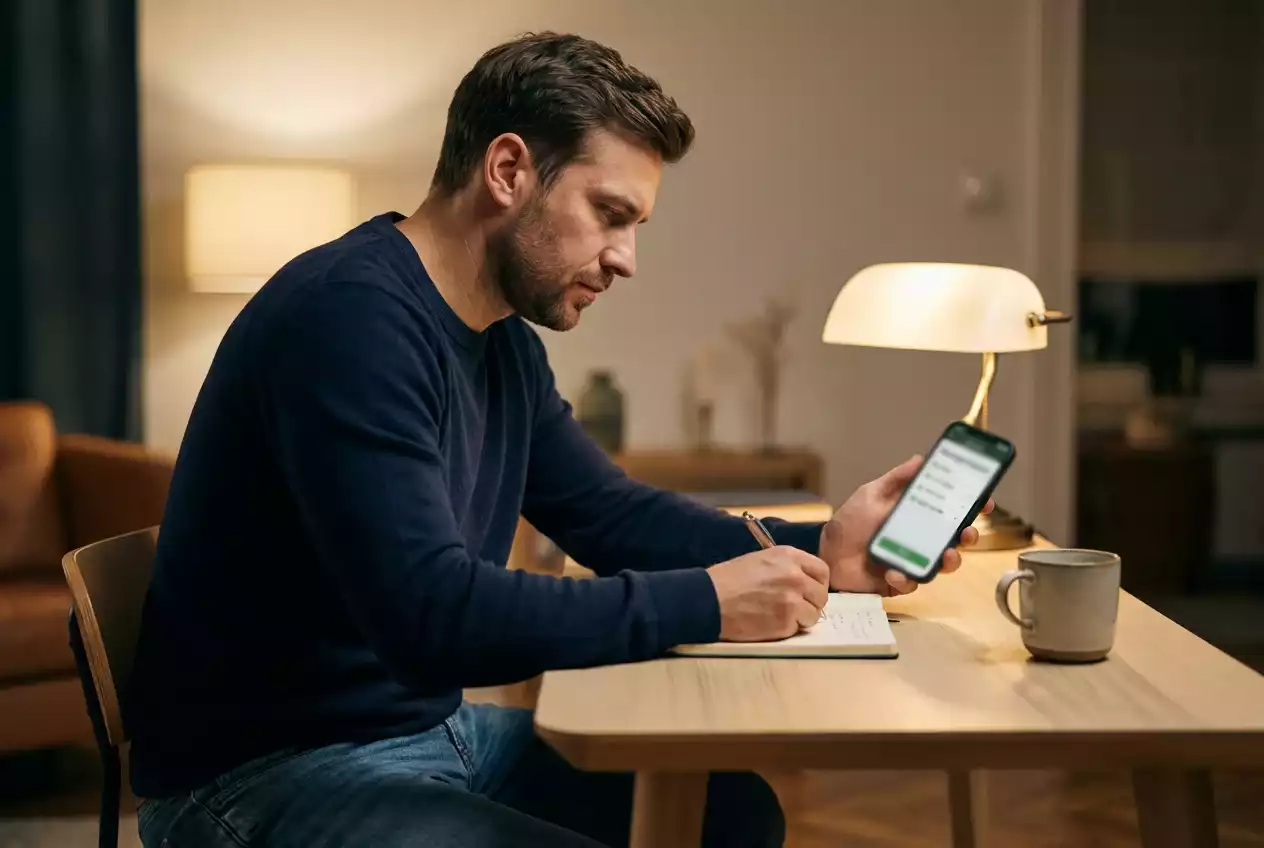 Mężczyzna planujący strategię zakład&oacute;w z notatnikiem i smartfonem