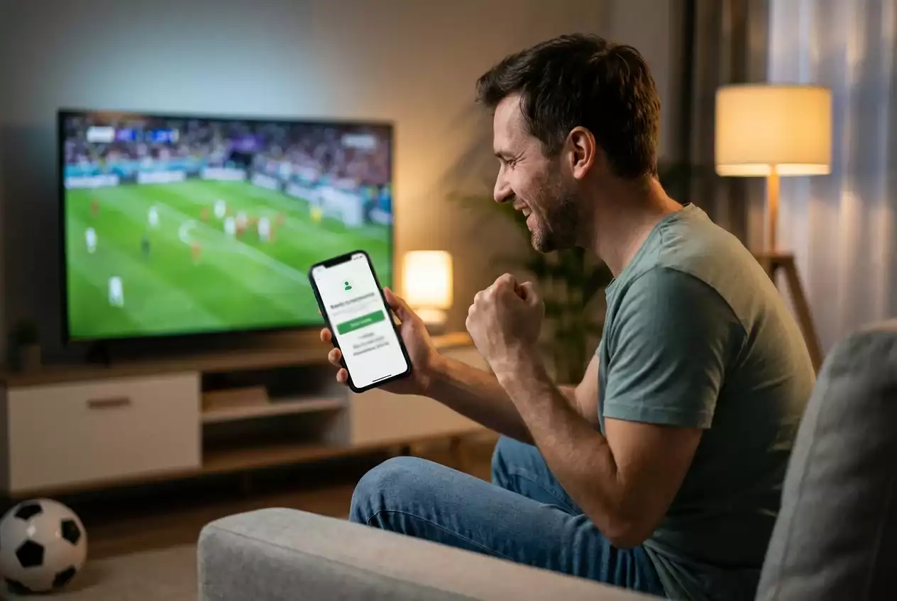 Kibic oglądający mecz piłkarski w telewizji z telefonem w ręku