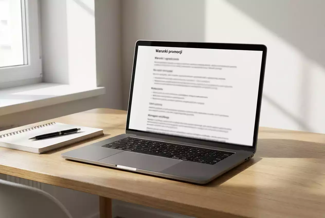 Laptop z otwartą stroną regulaminu promocji bukmacherskiej