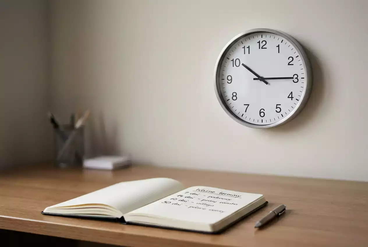 Zegar ścienny i notes z zapisanymi terminami na biurku