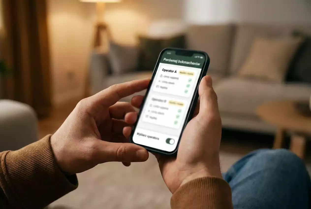 Osoba por&oacute;wnująca oferty bukmacher&oacute;w na smartfonie