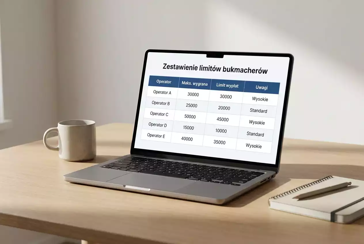 Laptop z tabelą por&oacute;wnawczą limit&oacute;w wygranych u polskich bukmacher&oacute;w